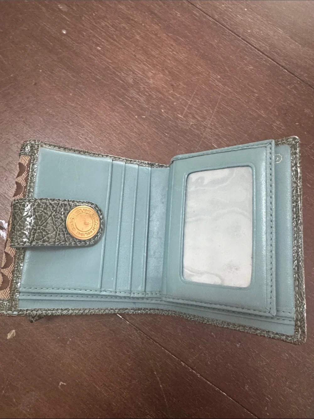Coach Brown Signature Canvas Trifold Wallet with teal Leather Trim